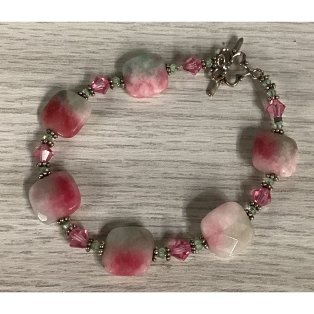 Silvertone Bracelet w/ Pink & White Square Stones Textured‎